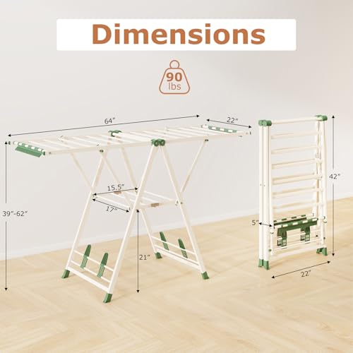 GIANTEX Foldable Metal Clothes Drying Rack, 64" Height Adjustable Wings - color: Beige, size: 64"L x 39"-62"H