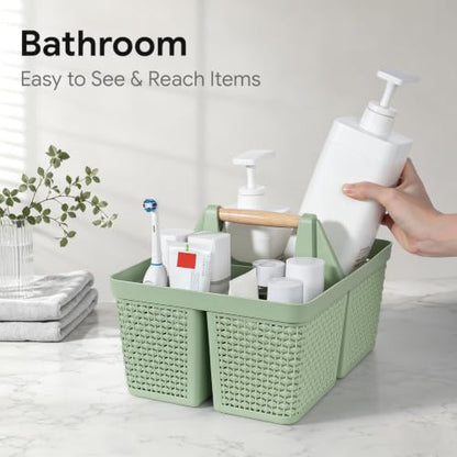 UUJOLY Portable Plastic Shower Caddy Basket with Wooden Handle, Green - color: Green