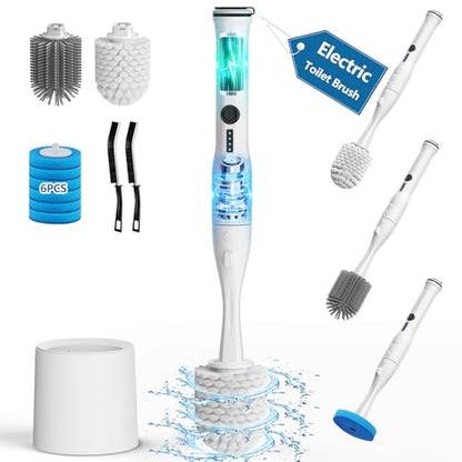 Electric Toilet Brush and Holder Set, Leebein 8 in 1 Electric Toilet Bowl Cleaning Kit with 8 Replaceable Brushes, Hard Nylon Brush and Soft Silicone Brush, 6 Refills Disposable Cleaner Brush