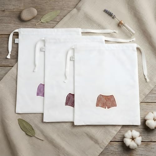 Lingerie Drawstring Bags Set of 3, 15x15 inch, 100% Pure Cotton, Red Embroidery Pattern Pouch for Underwear, Swimwear, Travel Storage, Washable Beach Bags for Men (White) - color: Men - White - Red Pattern