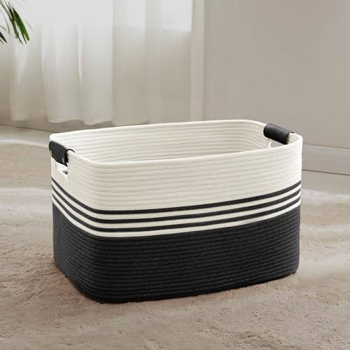 60L Woven Laundry Basket Hamper with Leather Handles,Black - color: Black, size: 60L