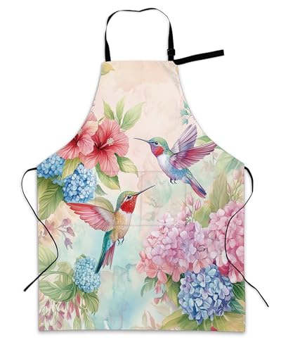 Cooking Aprons for Men and Women,Adjustable Bib Chef Apron with 2 Pockets, Soft and Durability Kitchen Apron - color: Hummingbird Pink Flower