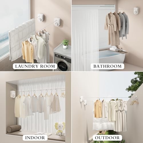 CICUFY Retractable Clothesline Indoor, Non-Sagging Clothes Line Outdoors,13.8 Ft Heavy Duty Clothesline with Telescopic Hanging Rod, Wall Mounted Space-Saving Laundry Line (White) - color: White