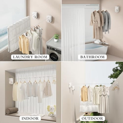 CICUFY Retractable Clothesline Indoor, Non-Sagging Clothes Line Outdoors,13.8 Ft Heavy Duty Clothesline with Telescopic Hanging Rod, Wall Mounted Space-Saving Laundry Line (White) - color: White