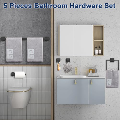NearMoon 5 Pieces Bathroom Hardware Set 304 Stainless Steel, Square Towel Rack Kit - 24" Towel Rod + Towel Ring + Toilet Paper Holder + 2 Robe Hooks, Wall Mounted Bath Accessories (Matte Black) - color: Matte Black, size: 24 inch