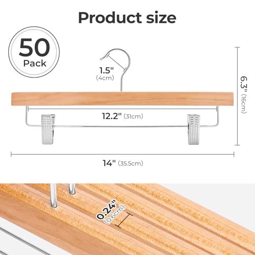 HOUSE DAY Wooden Pants Hangers with Clips, 50 Pack Skirt Hangers, Natural - color: Natural, size: Pack of 50
