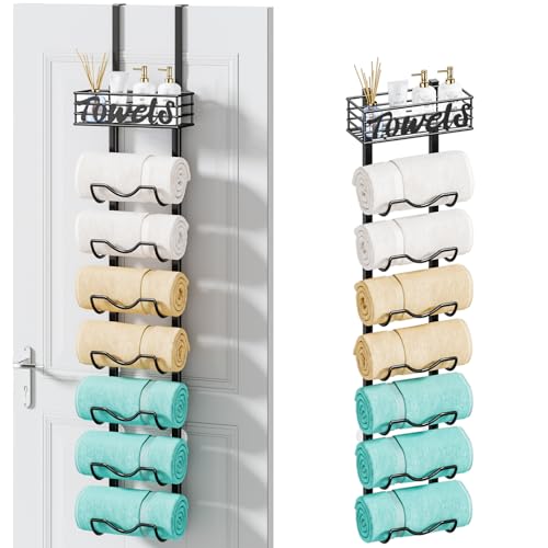 HapiRm Over The Door Towel Rack - 8 Tier Wall Mount Rolled Towel Holder Storage Organizer Shelf with Storage Basket for Small Bathroom, Rv, Camper - Black - size: 8-Tier Wall Mounted