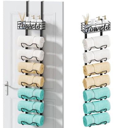 HapiRm Over The Door Towel Rack - 8 Tier Wall Mount Rolled Towel Holder Storage Organizer Shelf with Storage Basket for Small Bathroom, Rv, Camper - Black - size: 8-Tier Wall Mounted