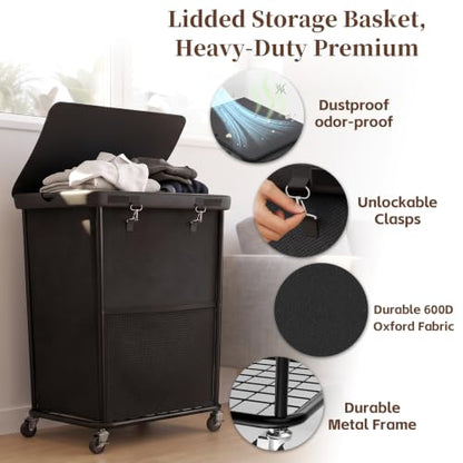 Laundry Hamper with Wheels and Lid, 150L Large Rolling Laundry Basket Black - color: Black, size: 150L