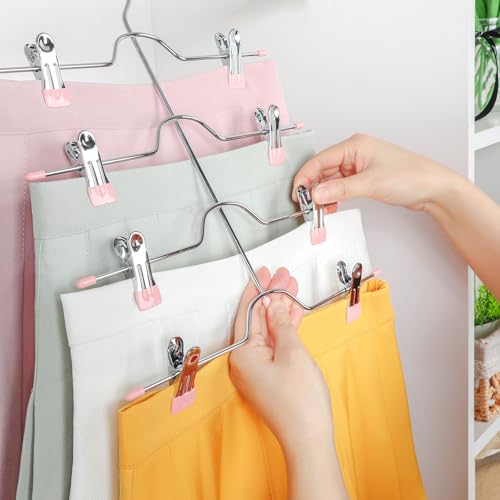 TOPIA HANGER 4 Tier Metal Skirt Hangers with Clips 80% Space Saving 4 Pack - color: Pink, size: 4 Pack