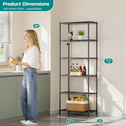 SINGAYE 6 Metal Shelves Wire Shelving Storage Shelf Adjustable Unit Pantry - color: Black, size: 6 Tier 14"Dx24"Wx72"H