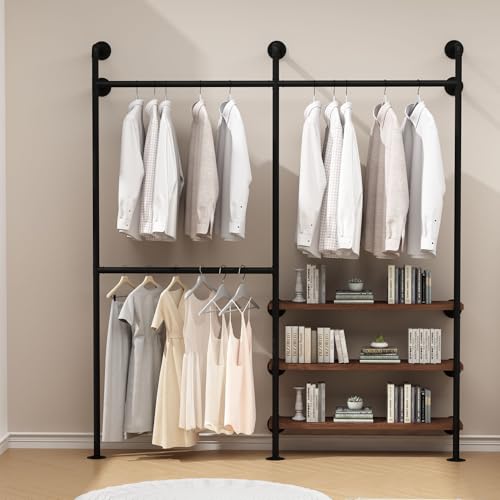 HOMEKAYT Industrial Pipe Clothes Rack,Wall Mounted Clothing Rack with Shelves, Heavy Duty Multi-Purpose Storage Clothes Hanging Shelf - 70.8''L Black - color: black, size: 70.8''L-B