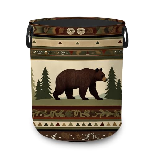 Laundry Hamper,Rustic Bear Forest Collapsible Laundry Basket with Handles,Lodge Cabin Waterproof Oxford Cloth Clothes Organizer for Bedroom Bathroom Dorm Nursery,16 x 20 Inch - color: Rustic Bear Forest,Lodge Cabin