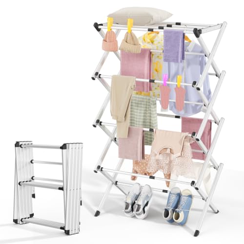 4-Tier Foldable Clothes Drying Rack, Adjustable Width 16.3"-27.95", Heavy Duty Stainless Steel Laundry Drying Rack Holds Up to 60 lbs, No Assembly, Space-Saving Indoor & Outdoor Drying Rack - color: White, size: 4 Tier