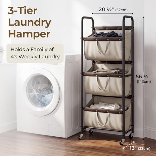 GRANNY SAYS 3 Tiered Laundry Sorter, Narrow Hamper Cart with Wheels - color: Light Khaki