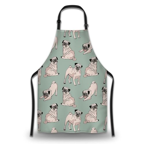 Garden Apron for Women Cute Dogs Pug Fun Aprons for Men for Kitchen Cooking Restaurant BBQ Painting Crafting Gardening 27” (W) x 31” (H), Waterproof Aprons - color: Cute Dogs Pug