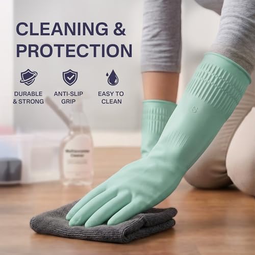 Rubber Dishwashing Gloves, Reusable Cleaning Gloves with Long Cuffs - color: Green (3 Pairs), size: Large