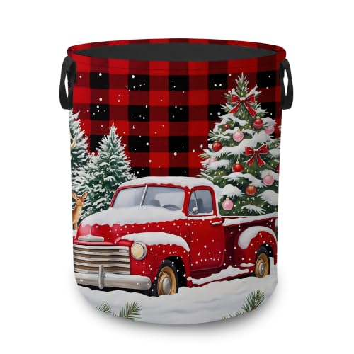 Christmas Red Truck Collapsible Laundry Hamper,Winter Deer Waterproof Oxford Cloth Clothes Basket with Handles for Bathroom Bedroom Nursery Dorm Room,16" x 20" - color: Christmas Red Truck,Winter Deer