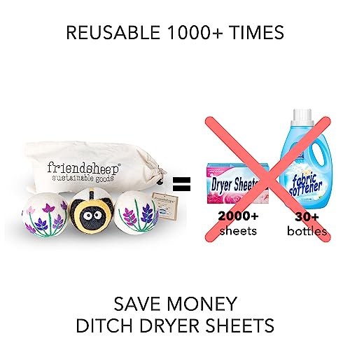 Friendsheep Wool Dryer Balls, Organic Reusable Fabric Softener Alternative for Laundry, Handmade, Fair Trade, Hypoallergenic, Eco-Friendly, Plastic-Free (3 Pack XL – Lavender Fields Bee Flower) | Reusable fabric softener alternative Organic wool, handmade