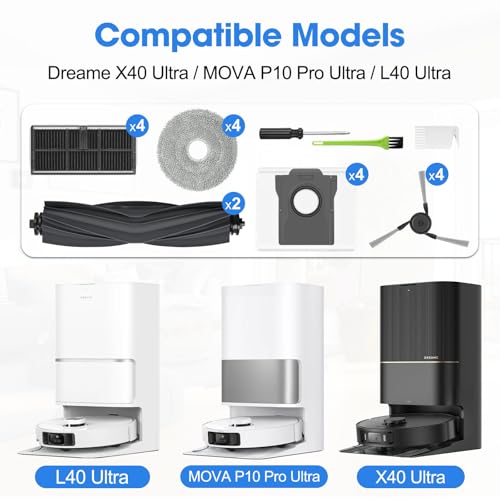 Replacement Parts for Dreame L40 Ultra | X40 Ultra | Mova P10 Pro Ultra, Includes 2 Main Brush, 4 HEPA Filters, 4 Mop Pads, 4 Side Brushes, 4 Dust Bag and Tools - color: X40 Ultra / L40 Ultra