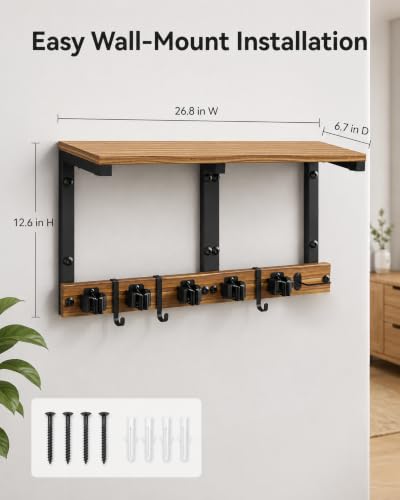 Broom and Mop Holder Wall Mount, 27" Large Organizer with Wood Shelf