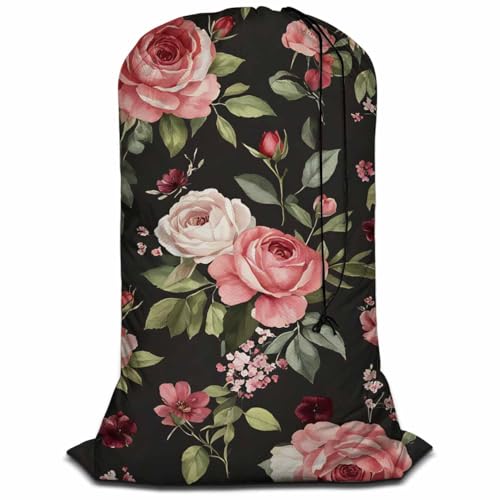 Swono Flower Laundry Bag Large Heavy Duty Laundry Backpack with Adjustable Drawstring Closure Watercolor Spring Flowers Roses And Leaves Pattern Heavy Duty Travel Laundry Bag, Large Laundry Hamper - color: Flower