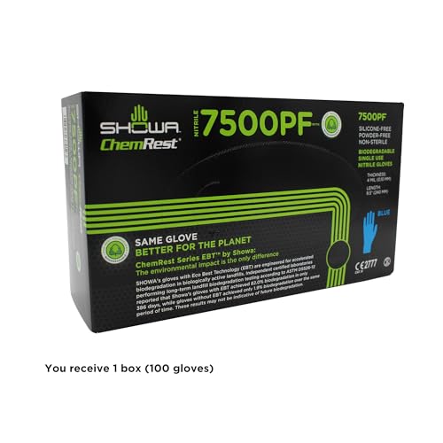SHOWA 7500PF Nitrile Disposable Gloves, 4 Mil, Small (1 Box/100 Gloves) - color: Blue, size: Small