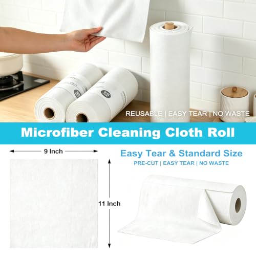 Puomue 55 Pack Microfiber Cleaning Cloth Roll, Tear Away Reusable Paper Towels, 11" x 9", Ultra Absorbent & Lint Free Microfiber Cloth for Cleaning Cars, Kitchen, Window, Home and Shop, White - color: White, size: 9”x11”-55PK