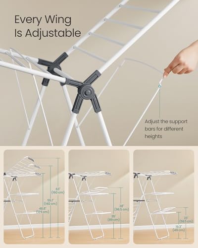 SONGMICS Clothes Drying Rack, Foldable 3-Level Laundry Rack, Free-Standing Large Drying Rack, with Height-Adjustable Wings, 39 Drying Rails, Sock Clips, White and Gray ULLR054W01 - color: White, size: 3 Tiers（21.9"D x 49.8"W x 63"H)