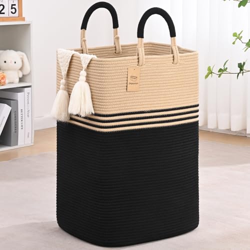 Laundry Basket Hamper,Blanket Storage,Dirty Clothes Hamper with Swivel Handles,Woven Cotton Rope Toy Baskets,Blanket Basket Living Room,Decorative Hampers for Nursery,Bedroom,Brown & Black,80L - color: Brown & Black, size: 80L