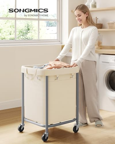 SONGMICS Laundry Basket with Wheels, 170L, Steel Frame, Removable Bag - color: Dove Gray + Cream White, size: 140 L (2-Section)