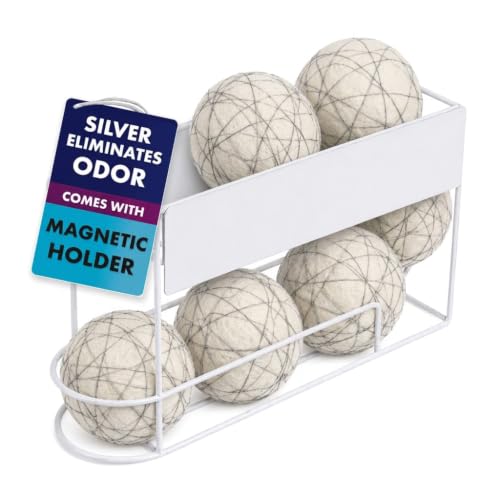 SilverWorks! Wool Dryer Balls Laundry Reusable - Odor Eliminating Dryer Laundry Balls with Silver Technology - Natural Fabric Softener and Static Reducer, Reduce Drying Time and Energy Costs - 6 Pack - color: White, size: 6 Count + Holder
