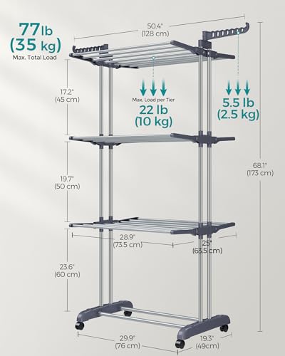 SONGMICS 4-Tier Clothes Drying Rack, Foldable, Rolling, 66.6-Inch Tall - color: Dove Gray, style: 4-Tier