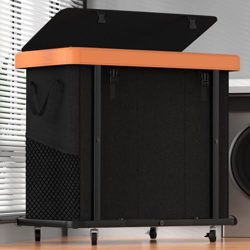 Laundry Basket with Wheels, 230L Leather Patchwork Laundry Sorter 3 Section - color: Black, size: 3 Section-230L