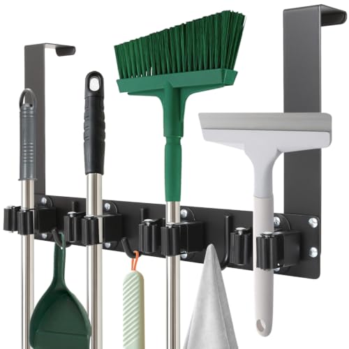 Over The Door Broom and Mop Holder, Heavy Duty Stainless Steel Organizer with 4 Slots and 3 Hooks, No Drilling Space Saving Tool Hanger for Kitchen, Laundry Room, Closet, and Garage - Black