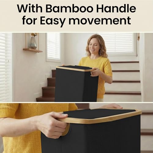 efluky Slim Laundry Basket with Lid, Narrow Laundry Hamper with Removable Bag, Skinny Dirty Clothes Basket with Bamboo Handles for Bathroom, Bedroom & Laundry Room, 90L Black - color: Black, size: 90L