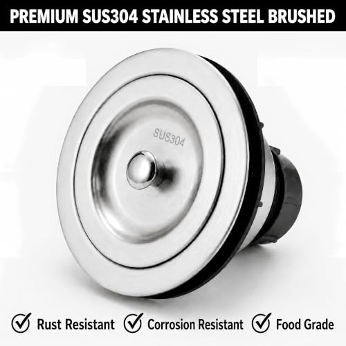 Kitchen Sink Drain Assembly Kit, 3-1/2 Inch Brushed 304 Stainless Steel Basket Strainer with Deep Removable Basket, Stopper & Cover Lid, Fits Standard Kitchen Sinks - color: Brushed