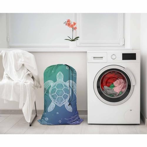 Swono Sea Turtle Laundry Bags for Travel, Home, Camping and Gym Water Bubble Seaweed Sea Life Laundry Hamper Basket 28" x 40", Football Grid Oxford Cloth - color: Sea Turtle