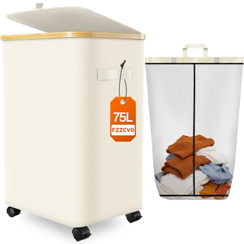 Laundry Hamper with Wheels, 75L Rolling Laundry Basket, Removable Inner Bag - color: Beige, size: 75L
