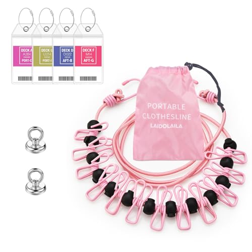 Magnetic Retractable Clothes Line for Cabin - Approved 2025 2026 Cruise Essentials - Drying Rack Travel Clothesline with Clothespins -4 Cruise Luggage Tags- Strong Magnets Hooks (Pink) - color: Pink