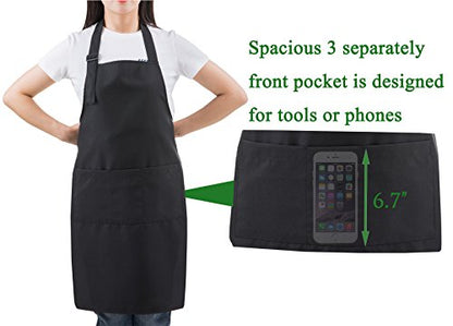 Black Professional Resist Water Adjustable Extra Long Bib Apron 3 Pockets Home Kitchen Garden Restaurant Cafe Bar Pub Bakery for Cooking Chef Baker Servers Craft Unisex - color: Black