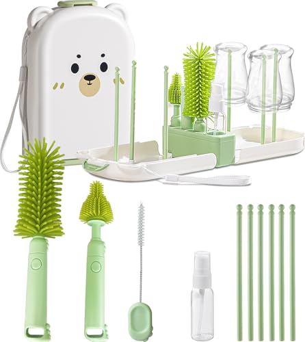 Travel Baby Bottle Cleaner Kit, 6-in-1 Brush Set for Bottles & Pumps - color: Green