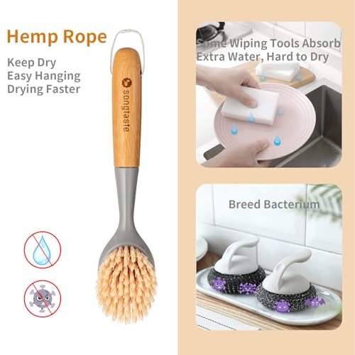 2 Pack Kitchen Dish Brush Bamboo Handle Dish Scrubber Built-in Scraper - style: Gray