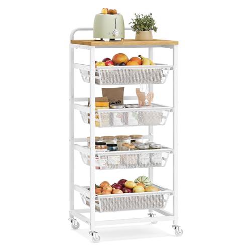 VASAGLE 5-Tier Storage Rolling Cart Organizer with Pull-Out Baskets - color: Golden Oak + Matte White, size: 5 Tiers