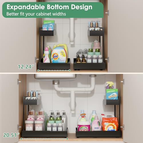 REALINN Under Sink Organizer, L-Shaped Pull Out Cabinet Rack for Kitchen - color: Black, size: 1 Pack