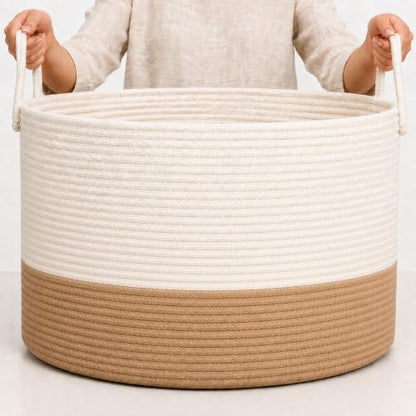 OrganiHaus Round Toy Basket & Blanket Basket, Cotton Rope 20x13" - color: Honey / Off-White, size: Wide