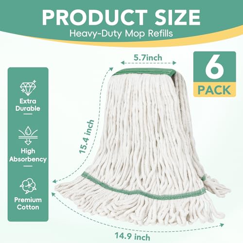 6 Pack Commercial Mop Head Replacement – Heavy Duty Mop Head for General and Floor Cleaning | Industrial Wet Mops | Washable Refill, Reusable, Looped End Mopheads | Hardwood, Concrete（White） - color: White