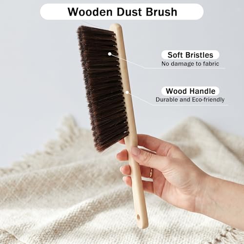 10-Piece Wooden Dust Brush Set with Long Handle, Soft Bristle Hand Broom