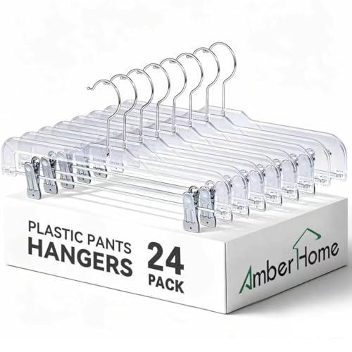 Amber Home 24 Pack Clear Plastic Pants Hangers with 2 Adjustable Clips