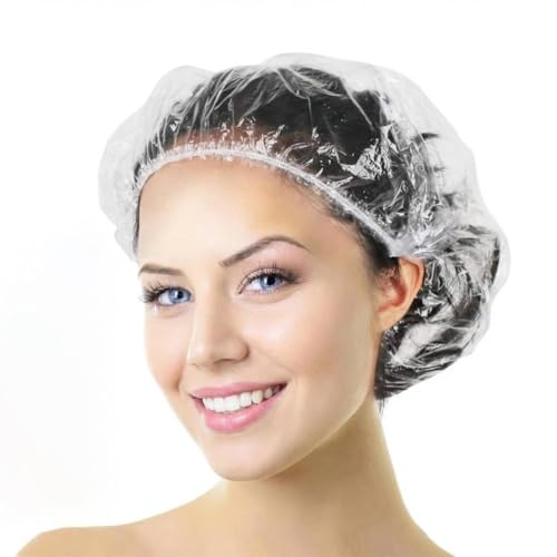 Aquior Shower Cap Disposable, 50 PCS Bath Caps Larger Thick Clear Waterproof Plastic Elastic Hair Bath Caps for Women, Hotel Travel Essentials Accessories Deep Conditioning Hair Care Cleaning Supplies
